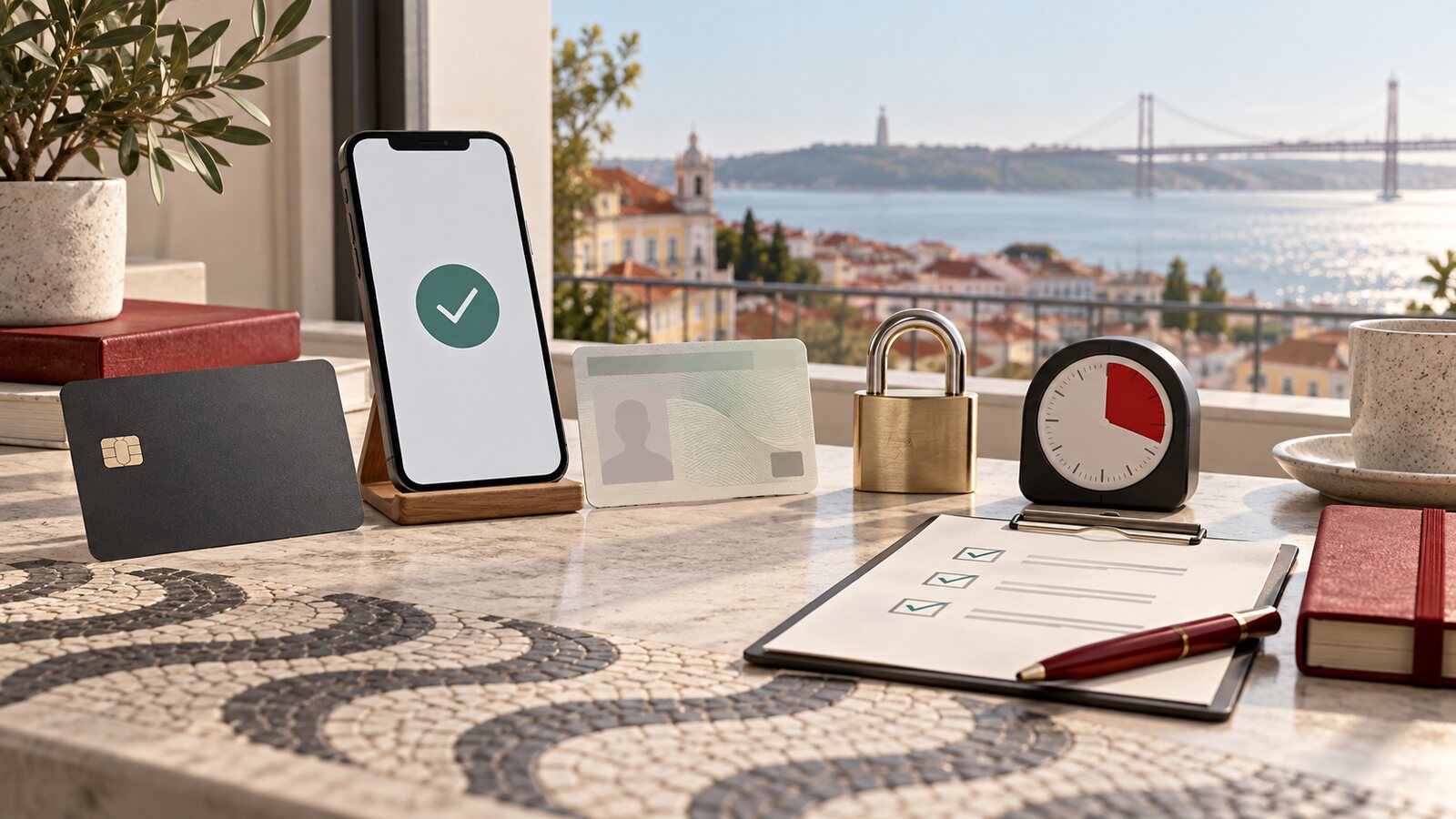 Telemóvel, cartão, identificação e temporizador numa mesa segura
