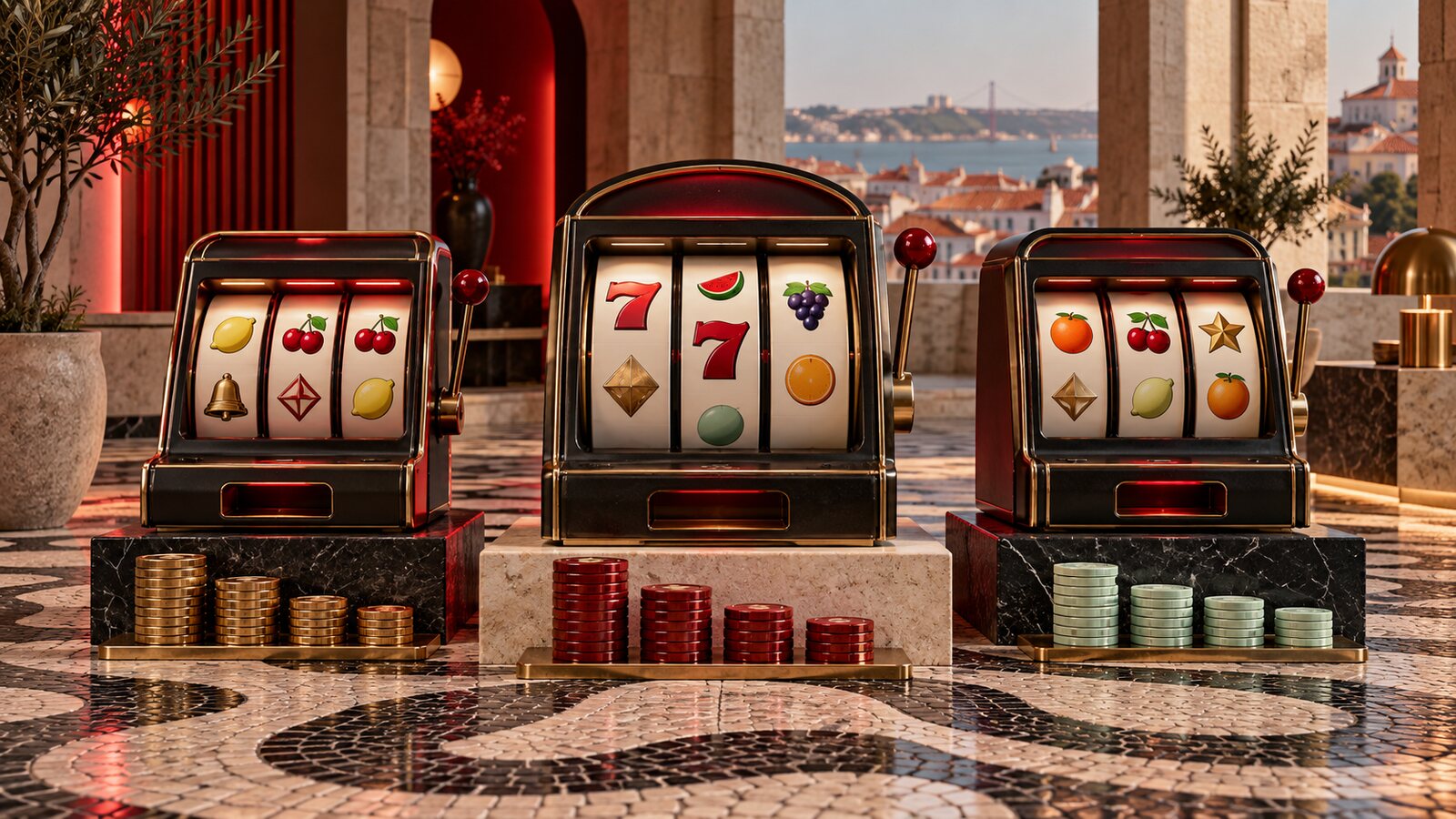 Três máquinas de slots genéricas numa sala portuguesa